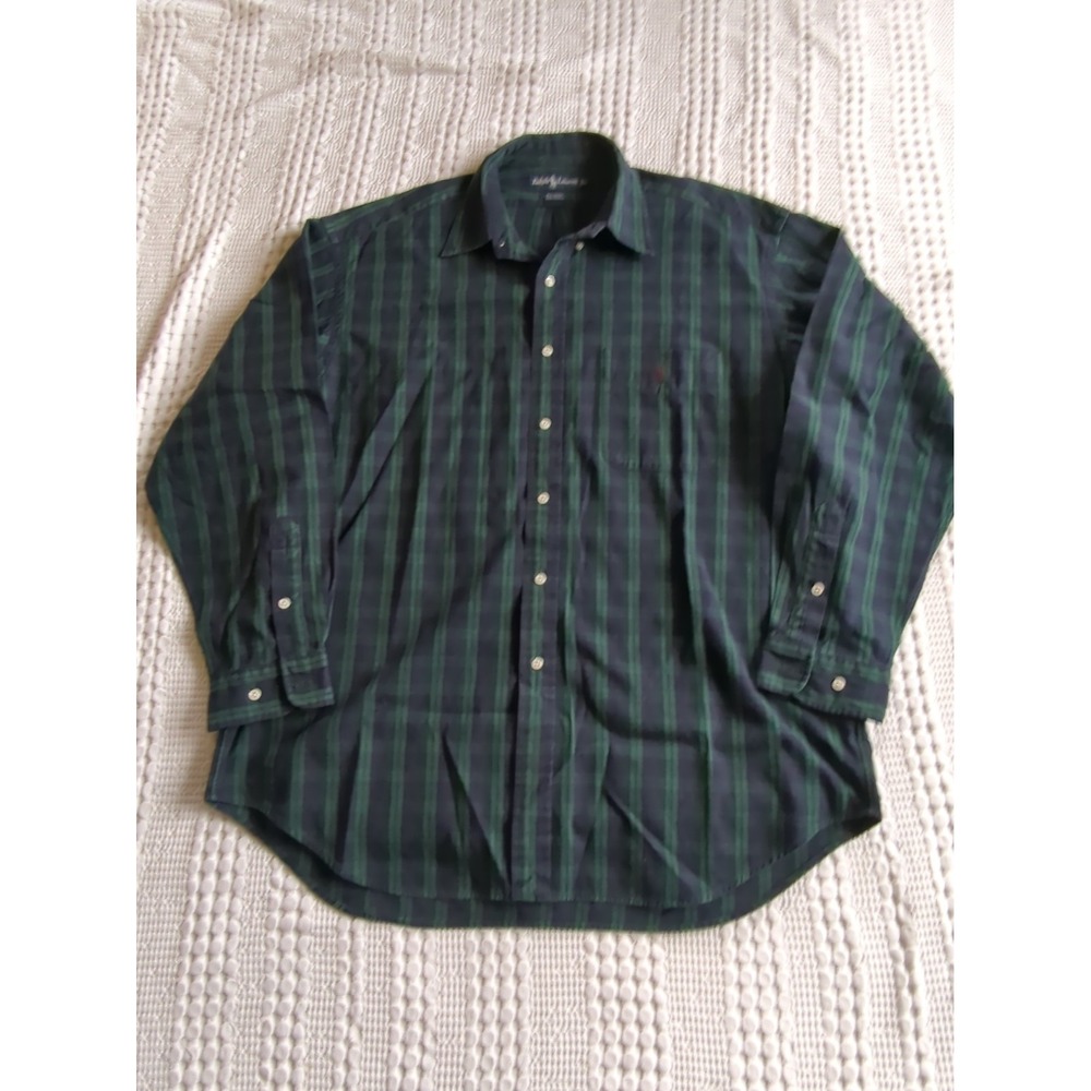 VTG Polo Ralph Lauren Big Shirt Pony Plaid Blue Green Large Long Sleeve Button